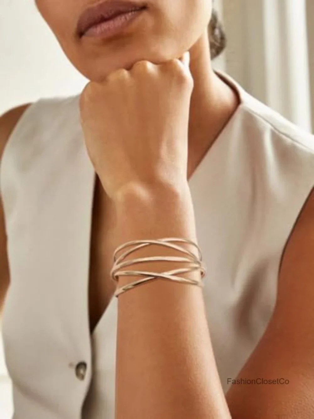 Multi-Layer Cross Wire Cuff Bracelet Open Bangle Adjustable Stainless Steel